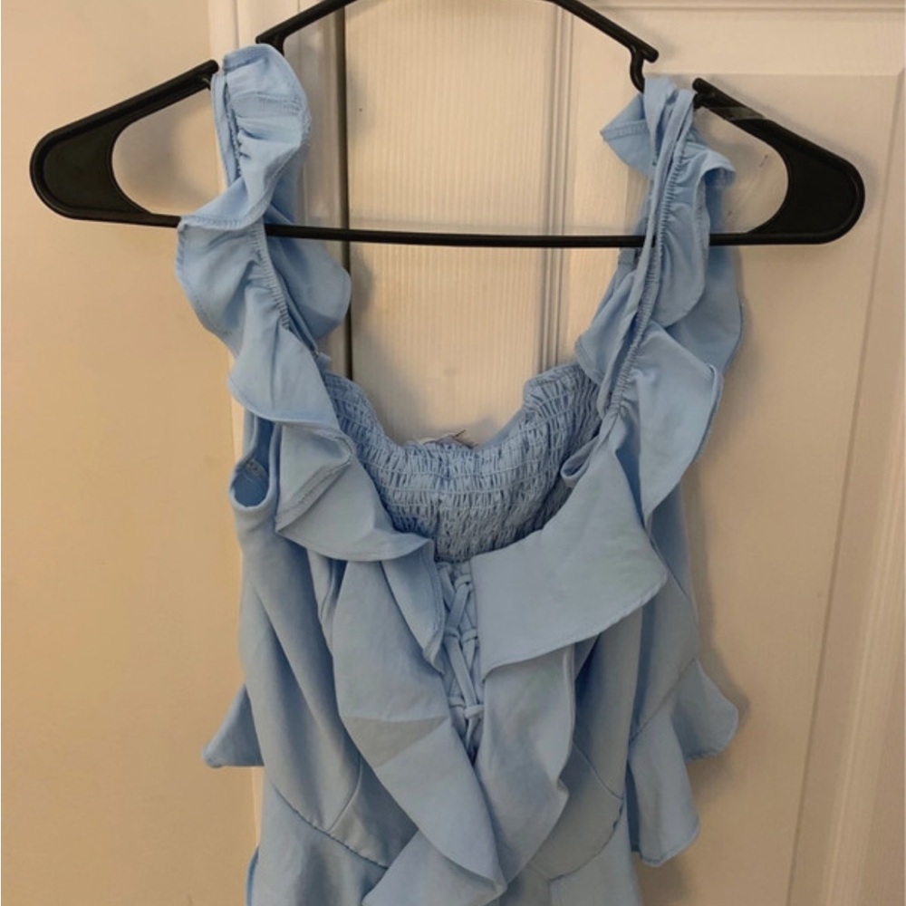 Elegant Light Blue Ruffled Tank Top